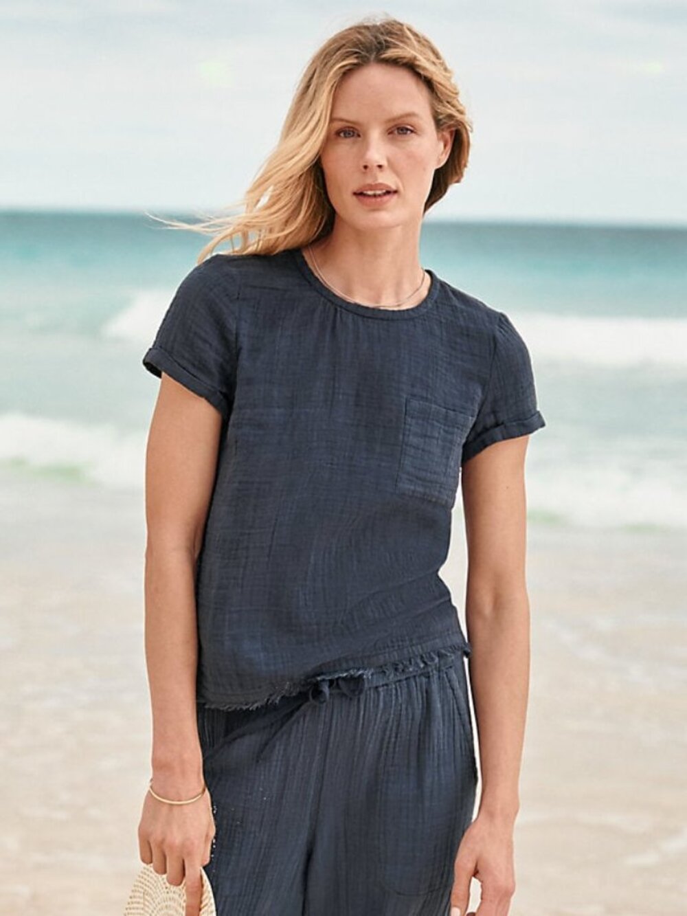 Garnet Hill Organic-Cotton Woven Tee in Navy Size Medium NWT